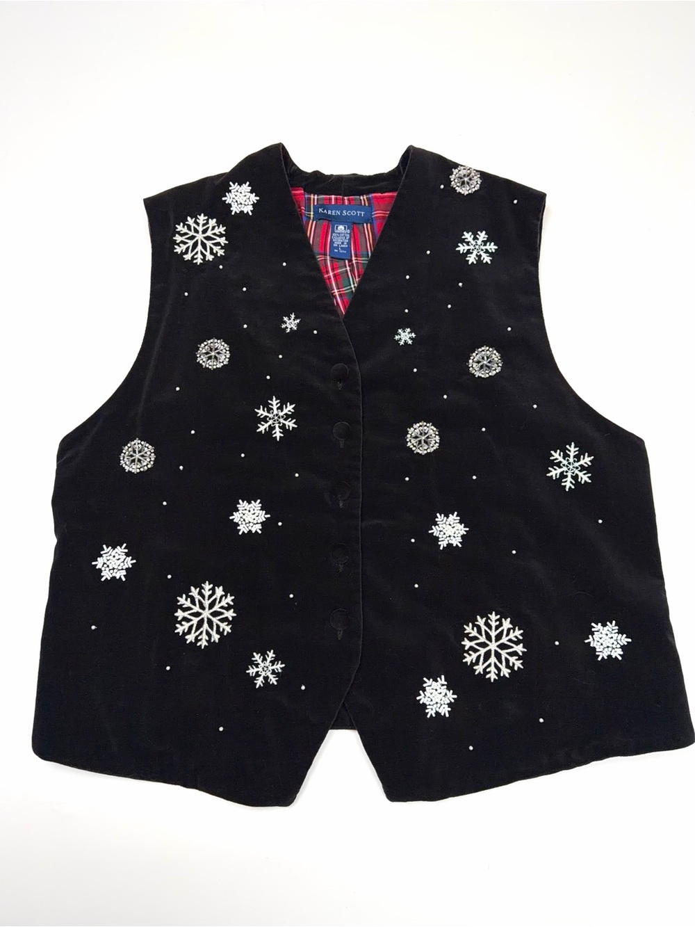 Karen Scott Black Velvet Holiday Snowflake Vest Embroidered Beaded Women's L